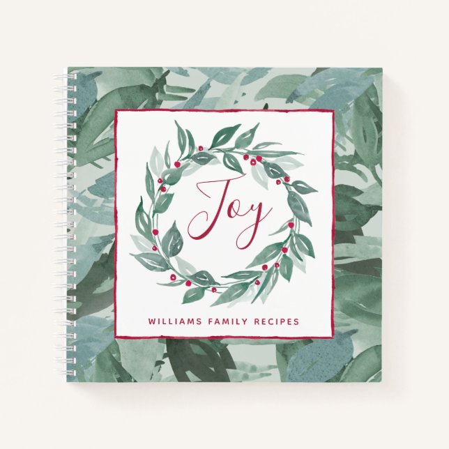 Boho Greenery Wreath Red Joy Script Familienname Notizbuch (Vorderseite)