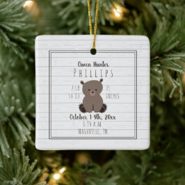 Boho Grey Wood Bear Cub Baby Boy Birth Stats Keramikornament