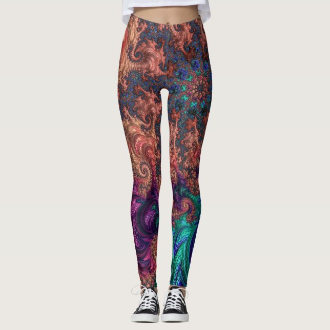 Boho Groovy Colorful Jewel Tone Abstraktes Fraktal Leggings (Vorderseite)