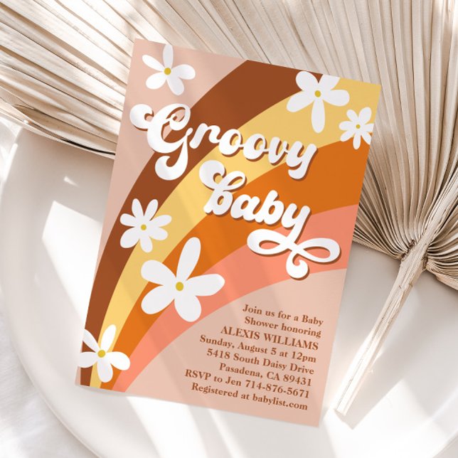 Boho Groovy Retro Daisies Rainbow Baby Shower Einladung (Von Creator hochgeladen)