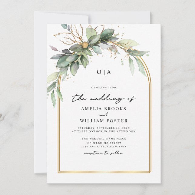 Boho Grün & Gold Eukalyptus Monogramm Hochzeit Einladung (Vorderseite)