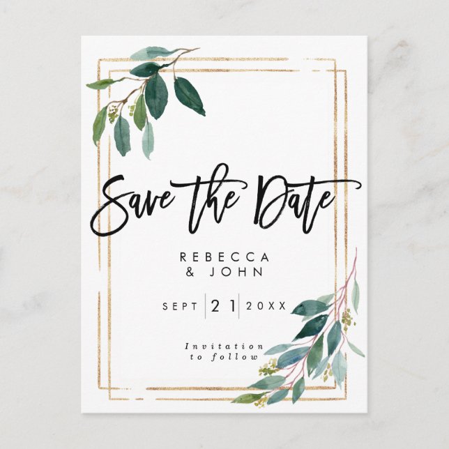 boho Grün mit Blumen Save the Date wedding Karte (Vorderseite)
