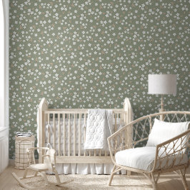 Boho Grün mit weißem floralem nahtlosem Muster Tapete