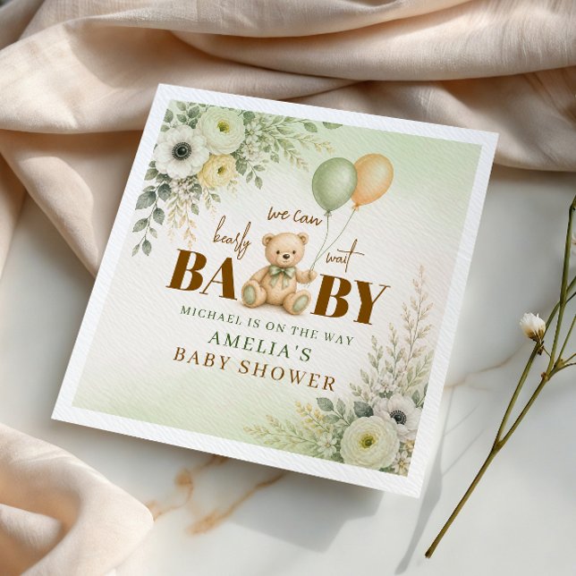Boho-Grün-Teddybär-Baby-Shower-Ballons Serviette (Von Creator hochgeladen)