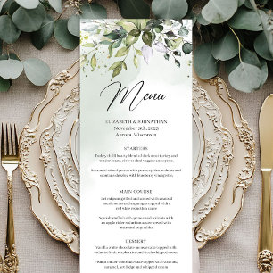 Boho-Grün und goldene Eukalyptus-Hochzeitsmenü Menükarte