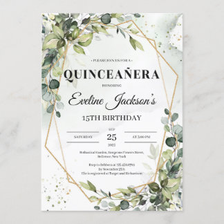 Boho grün verlasse Goldrahmen quinceanera Einladung