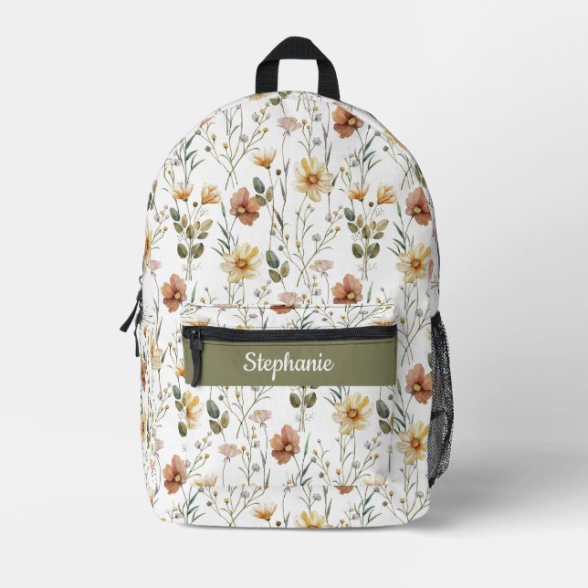 Boho-Grün-Wasserfarbe-Wildblumen-Monogramm Bedruckter Rucksack (Vorderseite)