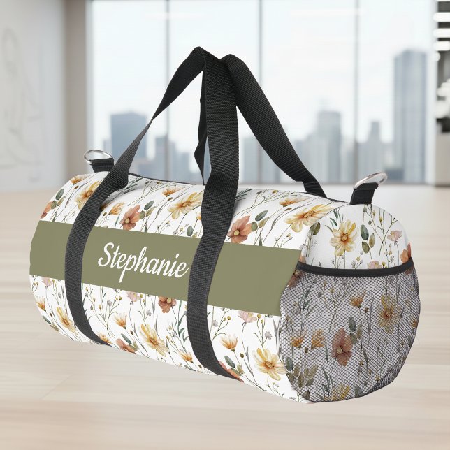 Boho Grün Wasserfarbe Wildblumen Monogramm Duffle Bag (Von Creator hochgeladen)