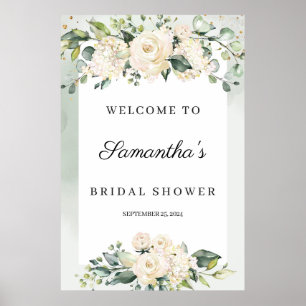 Boho-Grün Weiß Rosen Brautparty-Willkommensgruß Poster
