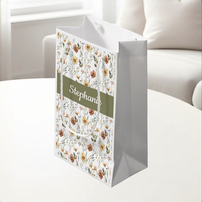 Boho-Grün-Wildblumen-Wasserfarben-Monogramm Kleine Geschenktüte (Von Creator hochgeladen)