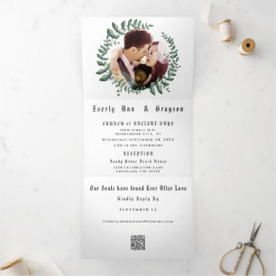 Boho Grüne Blatt Olive Green Ash Kranz Hochzeit Dr Dreifach Gefaltete Einladung