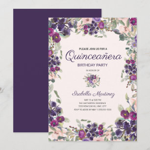 Boho Grüne Blätter Lila Rosa Floral Quinceañera Einladung