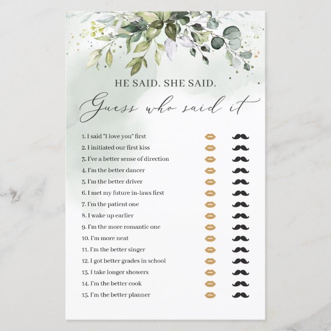 Boho grüne Blätter sagte er sagte, sie sagte Brida (Vorderseite)