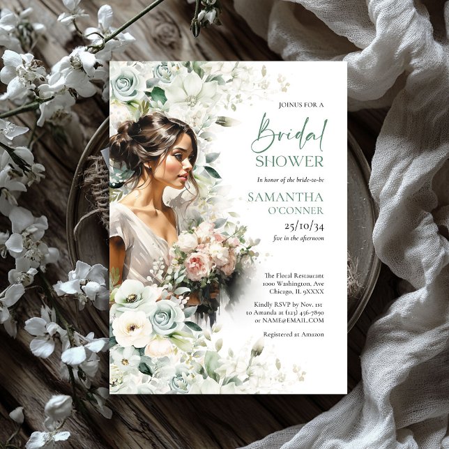 Boho grüne Blätter weiße Rosen Schönheitsbraun Einladung (Boho greenery foliage white roses beauty bride invitation)