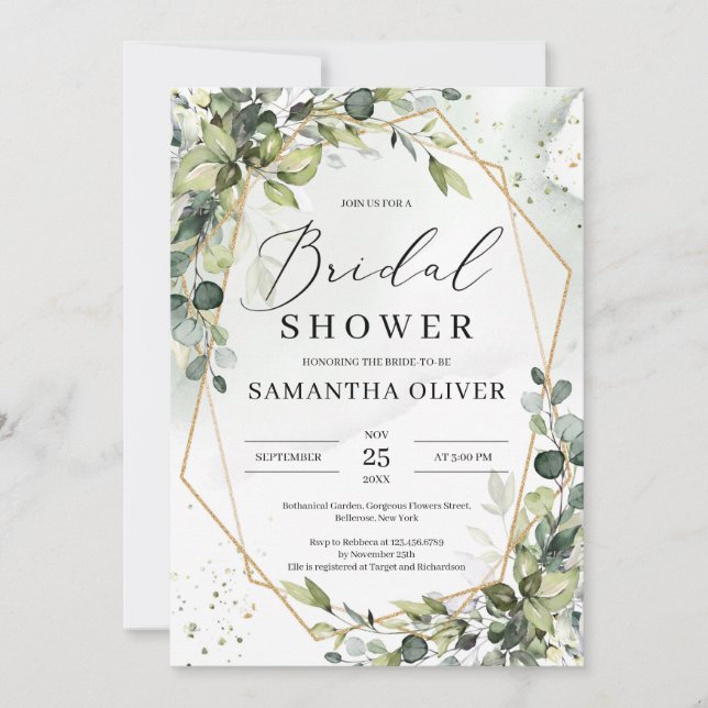 Boho grüne Blattgold Rahmen Brautparty Einladung (Vorderseite)