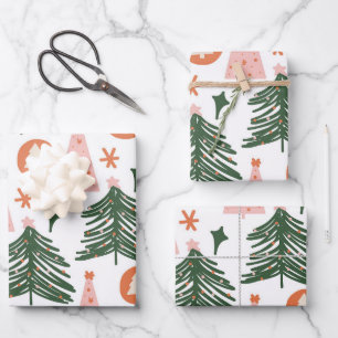 Boho Grüne Pink Orange Weihnachtsbäume Geschenkpapier Set