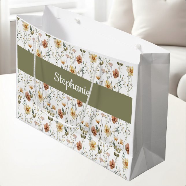 Boho Grüne Wildblumen Wasserfarbe Monogramm Name Große Geschenktüte (Von Creator hochgeladen)