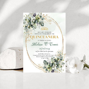 Boho-Grünpflanzen-Quinceañera-Goldene Einladung