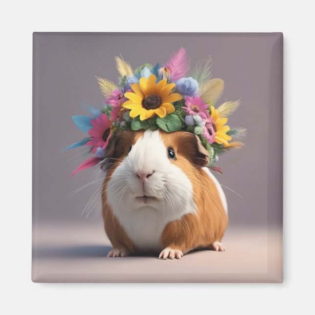 Boho Guinea Schweinchen mit Blume halo, niedlicher Magnet (Vorne)