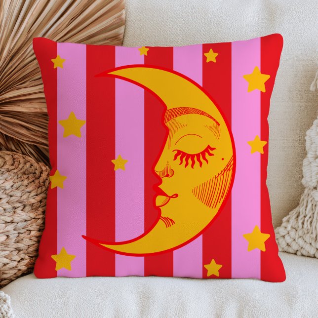 BOHO Halbmond-Gesicht Rot & Rosa Gestreift  Kissen (Von Creator hochgeladen)