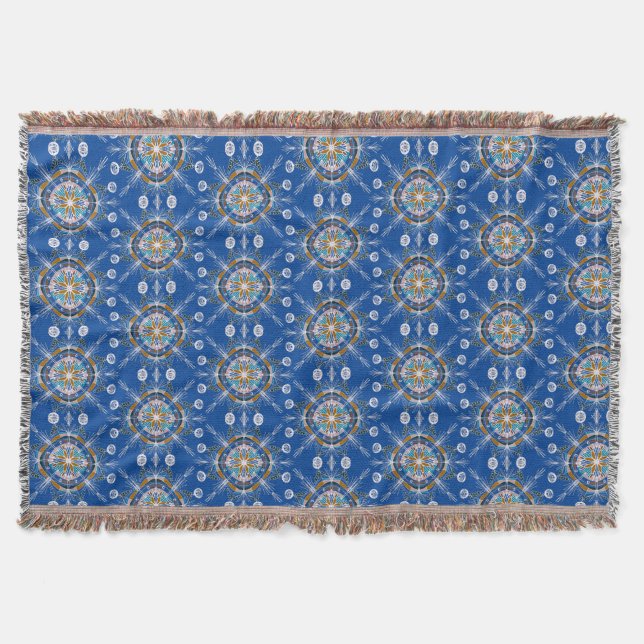 Boho Hand Drawn Mandala Blue Mustard Colorful Decke (Vorderseite)