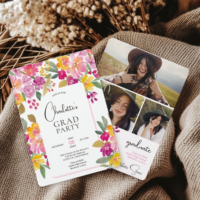 Boho Hand-Painted Boho Floral 3-Foto Abschluss Einladung (Boho Hand-Painted Boho Floral 3-Photo Graduation Invitation)