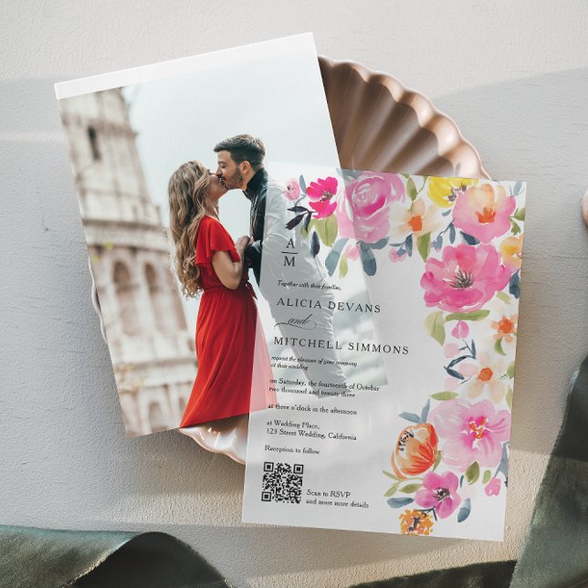 Boho Hand-Painted Floral QR Code Hochzeit (Boho Hand-Painted Floral QR Code Wedding Vellum Invitations)