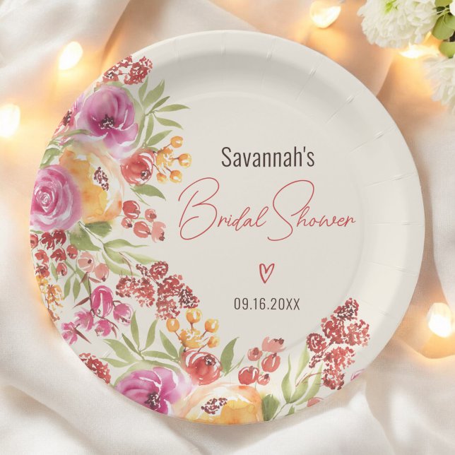 Boho Handgemalt Wasserfarben Brautparty Pappteller (Boho Hand-Painted Watercolor Floral Bridal Shower Paper Plates)