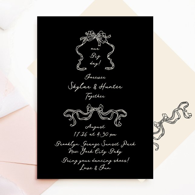 Boho handgeschriebene Retro Black & Cream Wedding Einladung (Von Creator hochgeladen)