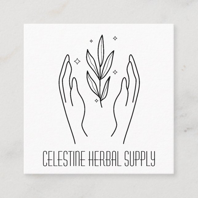 Boho Hands & Herb Blätter Bio Shop Logo Quadratische Visitenkarte (Vorderseite)