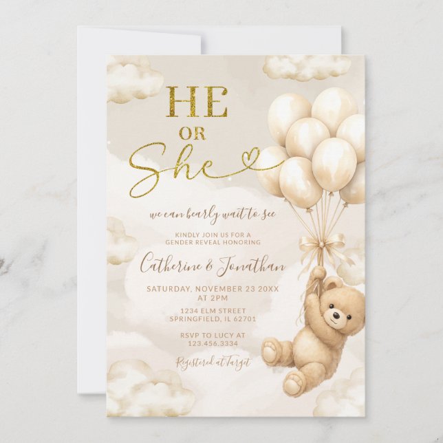Boho He Or She Beige Balloons Bear Gender Reveal Einladung (Vorderseite)