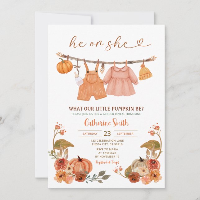 Boho He or She Pumpkin Gender Reveal Herbst Herbst Einladung (Vorderseite)