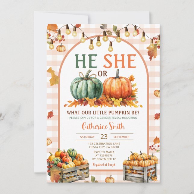 Boho He or She Pumpkin Gender Reveal Herbst Herbst Einladung (Vorderseite)