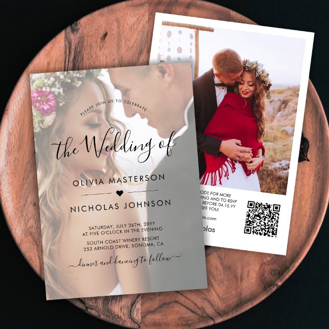 Boho Heart Script Foto Overlay QR Code Wedding Einladung (Von Creator hochgeladen)