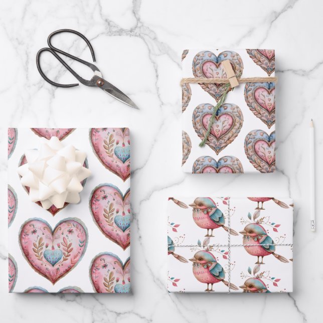 Boho Hearts & Bird Wrapping Paper Set 3 Geschenkpapier Set (Vorderseite)