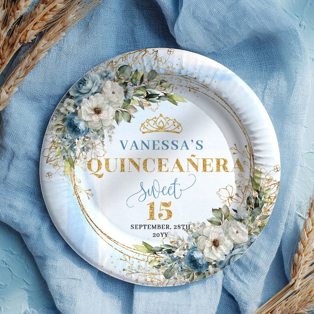 Boho Hellblau Blumen Gold Glitter Individueller Na Pappteller (Boho Light Blue Floral Gold Glitter Custom Name Plates)