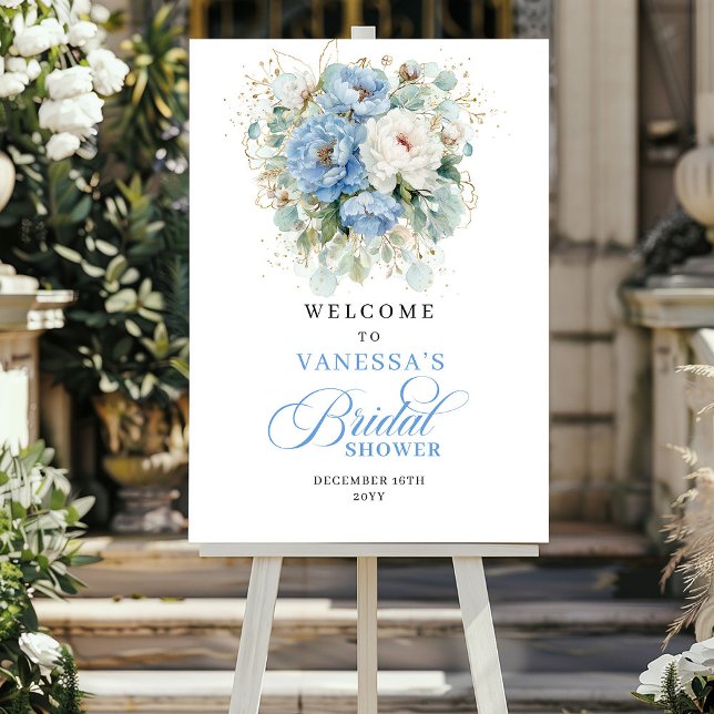 Boho Hellblau Florale Brautparty-Willkommen Poster (Boho Light Blue Floral Bridal Shower Welcome)