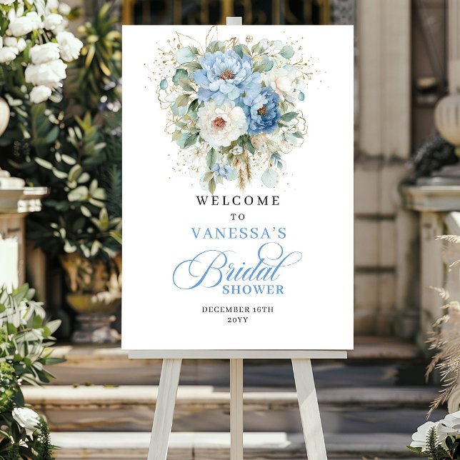 Boho Hellblau Grün Brautparty Willkommen Poster (Light Blue Greenery Bridal Shower Welcome)