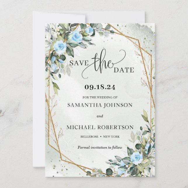 Boho hellblaue Blumen Eukalyptus und Goldrahmen Save The Date (Vorderseite)