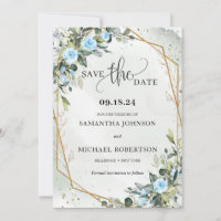 Boho hellblaue Blumen Eukalyptus und Goldrahmen