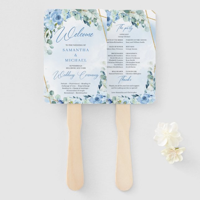Boho hellblaue Blüten Eukalyptus und Goldrahmen Fächer (Vorne und Hinten)