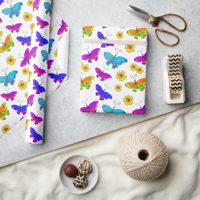 Boho Helle Schmetterlinge Farbige Retro Frühling Geschenkpapier (Kunsthandwerk)