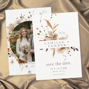Boho-Herbst-Blumen-Neutrale-Rustikale-Hochzeitsfot Save The Date