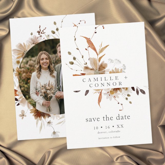 Boho-Herbst-Blumen-Neutrale-Rustikale-Hochzeitsfot Save The Date (Boho Fall Floral Neutral Rustic Photo Wedding Save The Date)