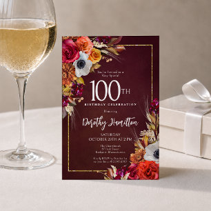 Boho Herbst Burgund Blumen Schriftzug 100. Geburts Einladung