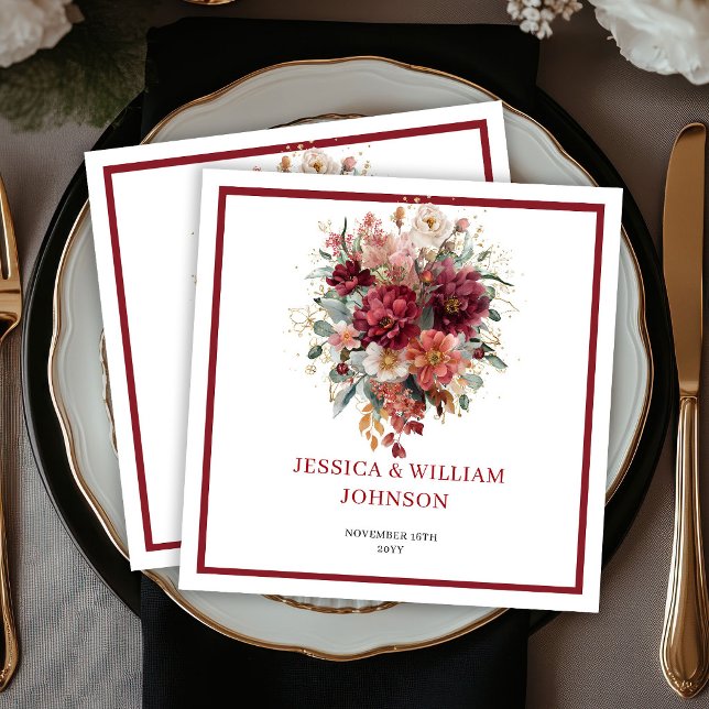 Boho-Herbst-Hochzeit mit Burgunderblumen und Marsa Serviette (Fall Boho Burgundy Flowers Marsala Greenery Wedding Napkins

)