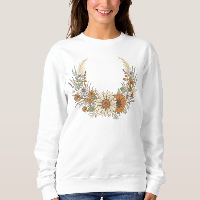 Boho-Herbst-Sonnenblumen- & Gänseblümchen-Kranz mi Sweatshirt (Vorderseite)