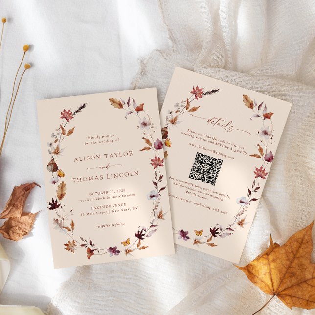 Boho Herbst Terrakotta Blätter Kranz QR Code Hochz Einladung (Von Creator hochgeladen)