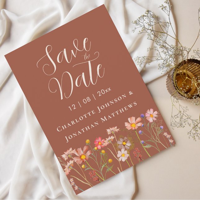 Boho Herbst Wildblumen Blumen Terrakotta Hochzeit Save The Date (Wildflower boho fall floral terracotta rust beige Wedding save the date invitation elegant script)