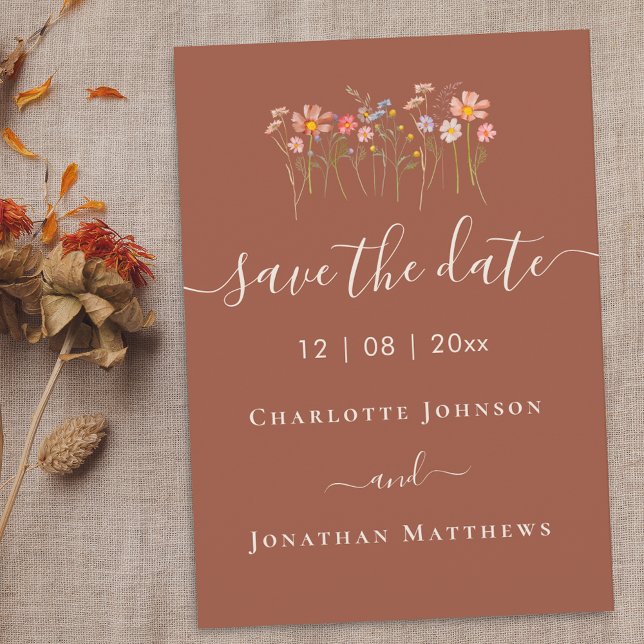 Boho Herbst Wildblumen Blumen Terrakotta Hochzeit Save The Date (Wildflower meadow elegant boho fall terracotta rust wedding save the date card)